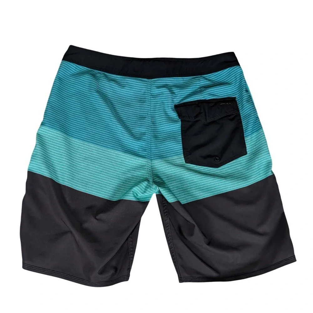 Quiksilver Highline Mens Board Shorts Teal Black Striped 4-Way Stretch